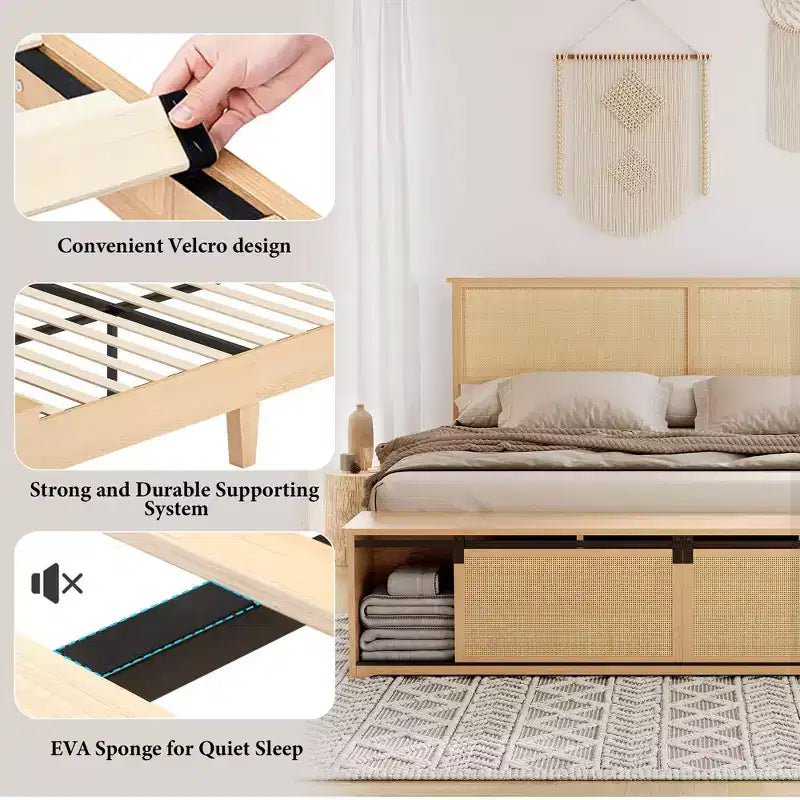 Natural Rattan Platform Bed Frame with Storage Bench and LED Lighting