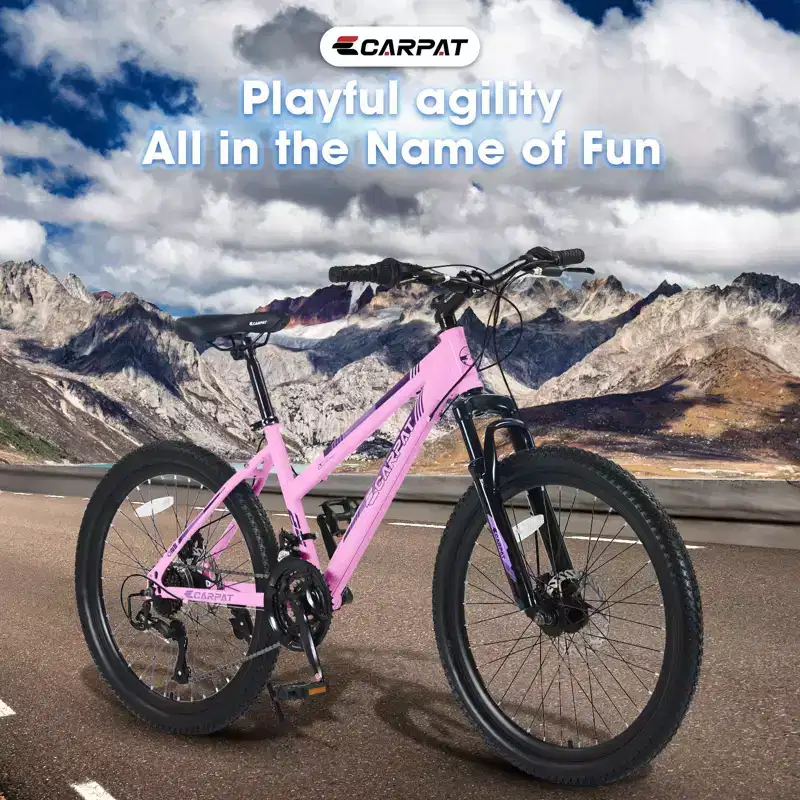 Okak 24/26IN Mountain Bike with 21 Speeds and Dual Disc Brakes, Kids Bike with 100mm Front Suspension, Dirt Bike for Teenagers and Women
