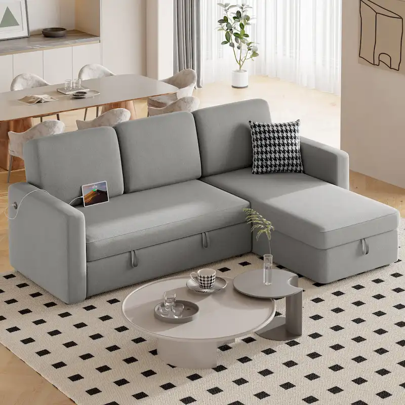 L-Shaped Reversible Sectional Sofa with Pull Out Bed & Storage - 83x 57.5x33
