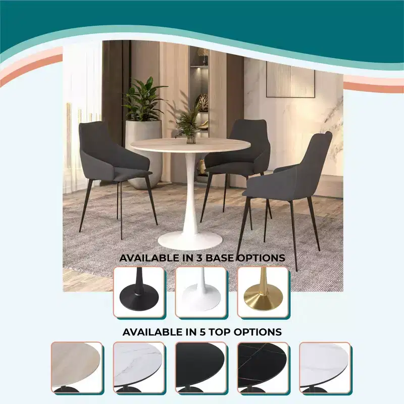 LeisureMod Bristol 31 Round Dining Table  Sintered Stone Top Accent Caf Table & Sturdy Steel White Pedestal Base for Kitchen and Small Spaces
