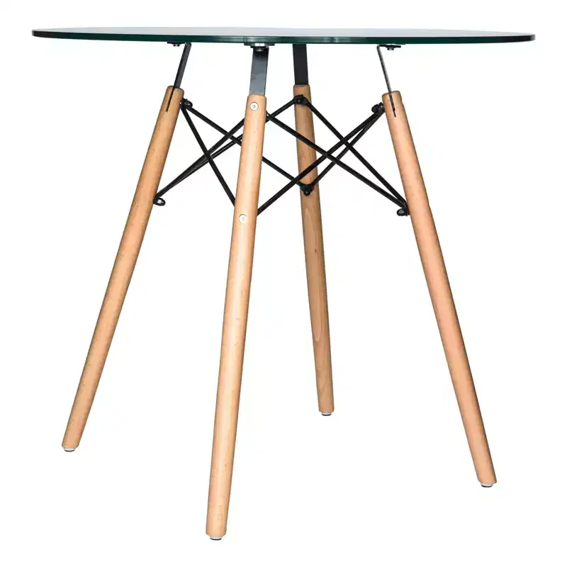 LeisureMod Dover 3-Piece Dining Set  31 Round Clear Glass Bistro Table with 2 Acrylic Chairs with Wooden Dowel Legs, Modern Kitchen, Dining Room