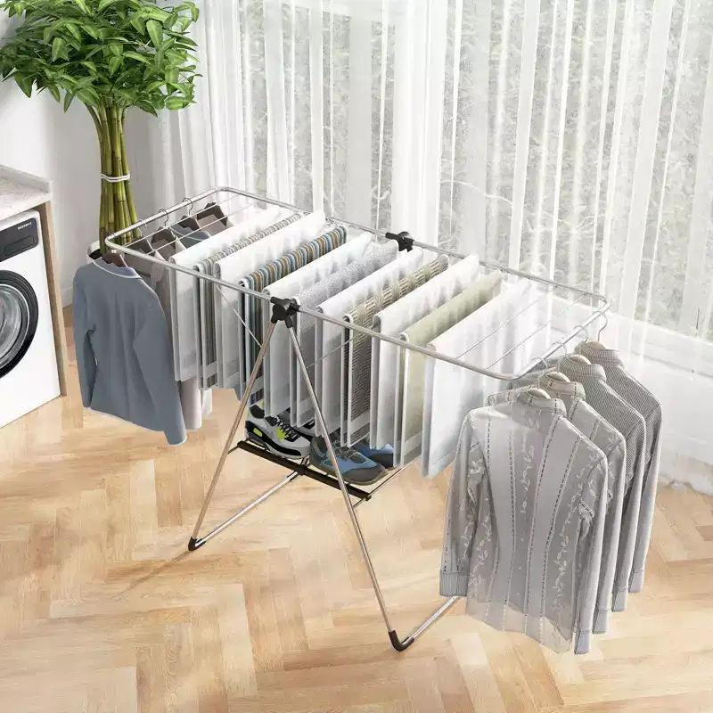Costway Collapsible Clothes Drying Rack 2-Level Folding Aluminum Drying Rack w/ Height-Adjustable Wings Bottom Shoe Rack