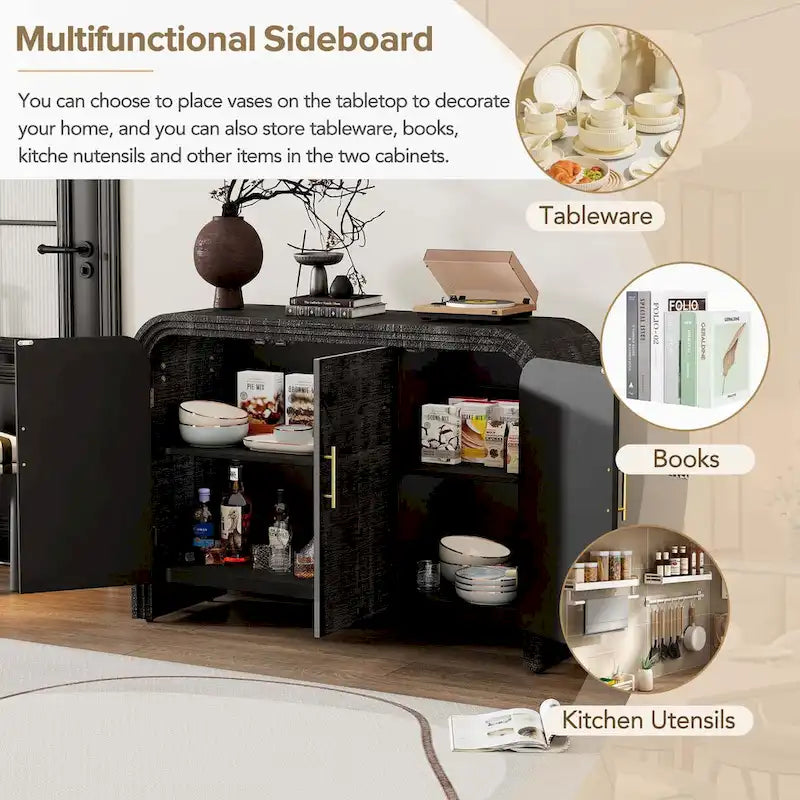 Natural Wood Wash / Antique Black Curved 3-Door Sideboard with Adjustable Shelves for 1–2 Person