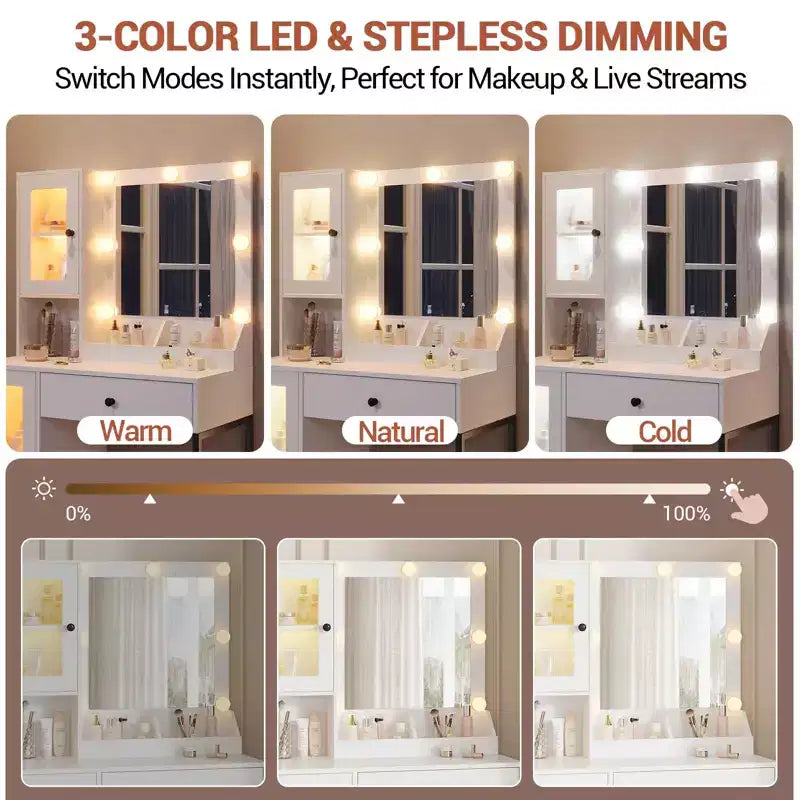 Vanity Desk with Mirror, 3 Lighting Modes Lights, Built-in Outlets & USB Ports, Spacious Drawers & Storage Cabinet, Makeup Dressing Table for Bedroom