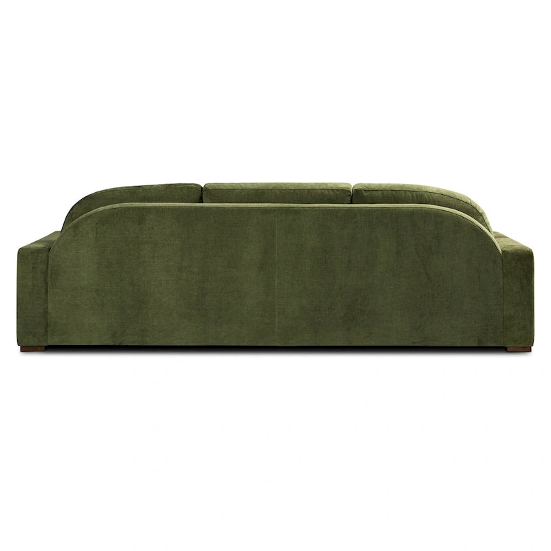 99-Inch Mid-Century Sofa – Distressed Green Velvet, Low-Profile, Sinuous Spring, Seats 3