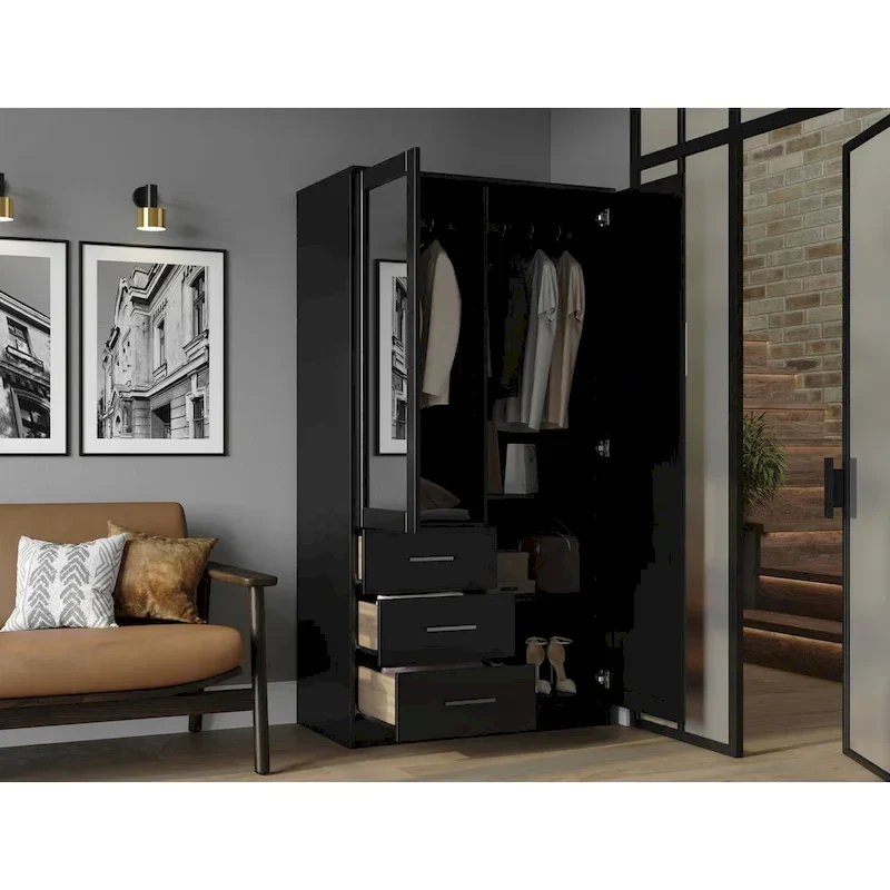 100% Solid Wood Metro Wardrobe Armoire – Solid Wood or Mirrored Doors, Multiple Finishes