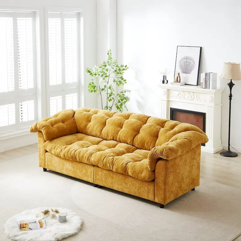 99-Inch Deep Seat Sofa – Yellow / Beige / Grey / Green, Chenille, Solid Wood Frame, Seats 3
