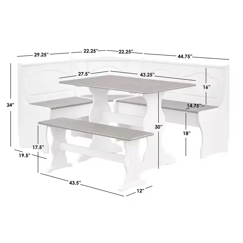 Buylateral 3pc Washington Farmhouse Solid Wood Breakfast Nook Dining Set White/Dark Walnut: L-Shaped, Solid Pine, Storage Bench
