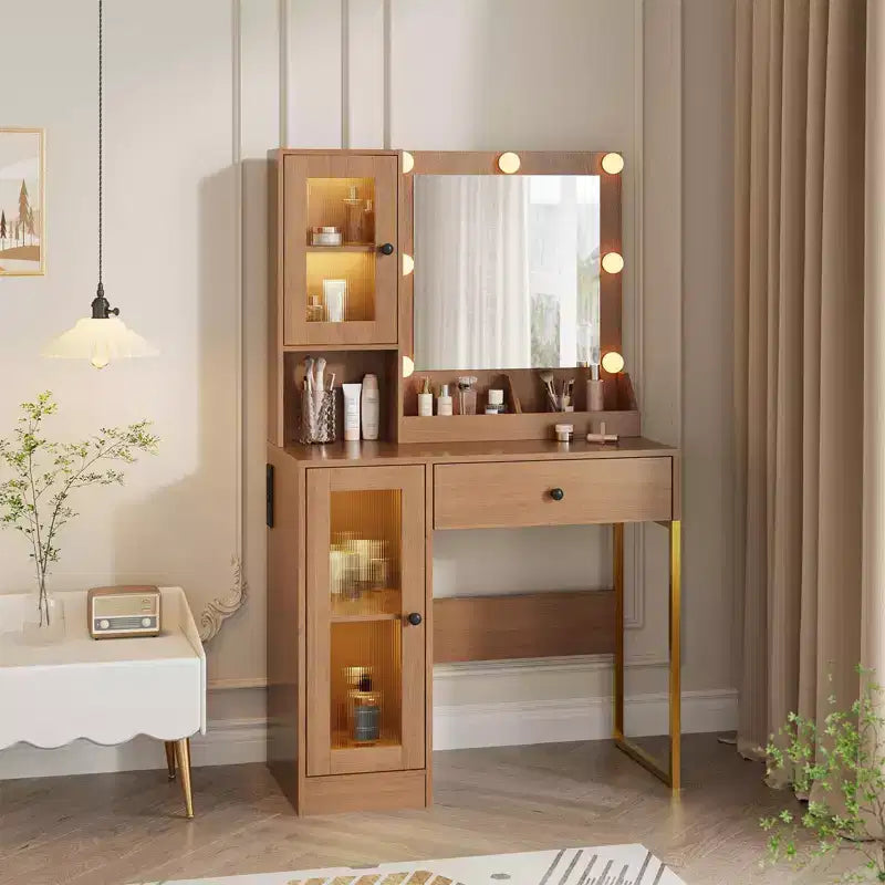 Vanity Desk with Mirror, 3 Lighting Modes Lights, Built-in Outlets & USB Ports, Spacious Drawers & Storage Cabinet, Makeup Dressing Table for Bedroom