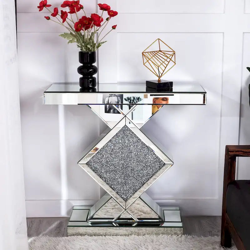 Geometric Mirrored Console Table – Silver, Glam Style, Diamond Lattice Base