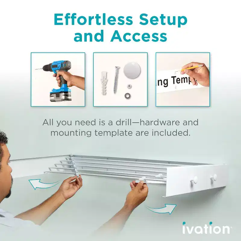 Ivation Retractable Wall Mounted Clothes Drying Rack - Foldable Laundry Drying Rack for Clothing