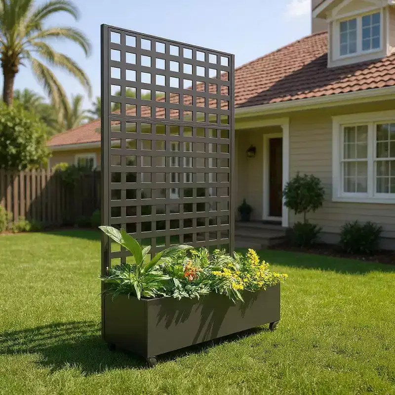 Metal Raised Garden Bed with Trellis and Wheels,Planter Box for Climbing Plants,Vegetables,with Square Lattice Trellis,Drainage Holes & Privacy Screen
