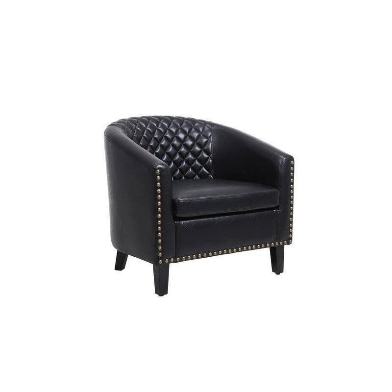 Barrel Accent Chair – Black / Brown / White, PU Leather, Nailhead Trim, Solid Wood Legs, Seats 1