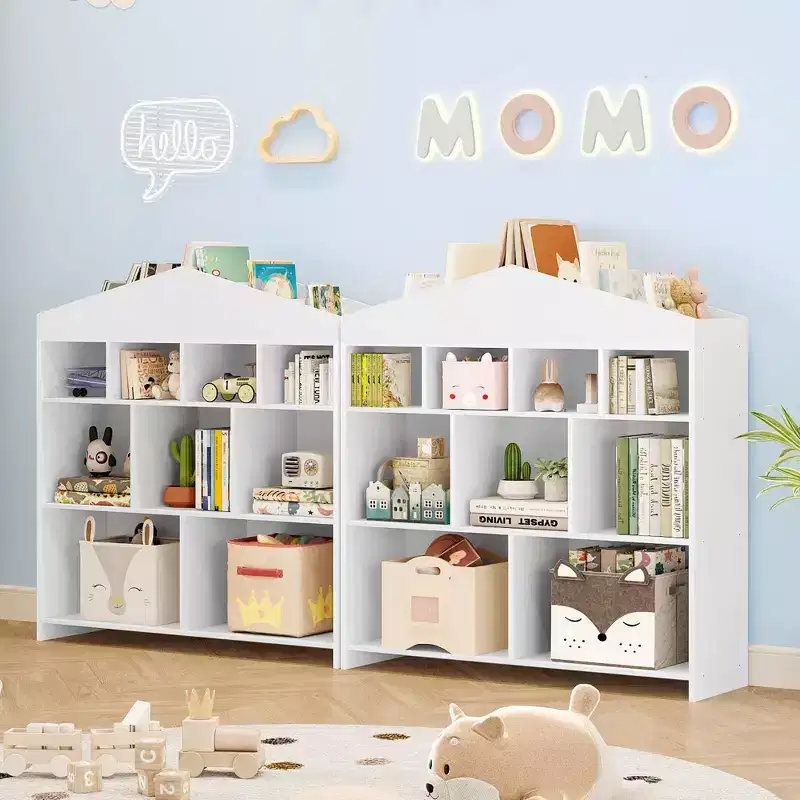 Kids Storage Organizer Bookshelf, 9-Cubby Kids Bookshelf, White Children's Shelf, House Shape Storage Cabinet for Playroom, Kids Room, School