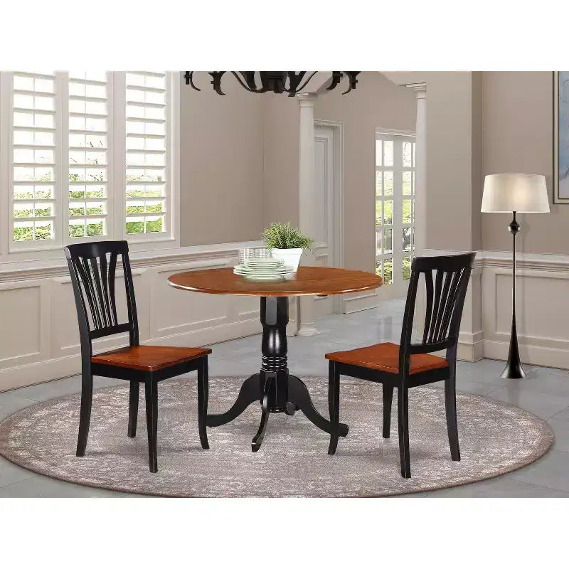 Dining Table Set with 2 Chairs, Round Dropleaf Kitchen Table, Solid Rubberwood, Saddle Brown Finish, 42x42 Inch