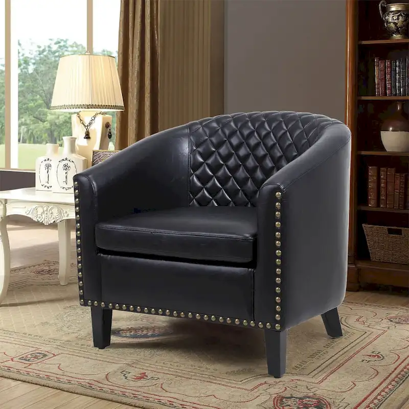 Accent Barrel chair living room chair with nailheads and solid wood legs