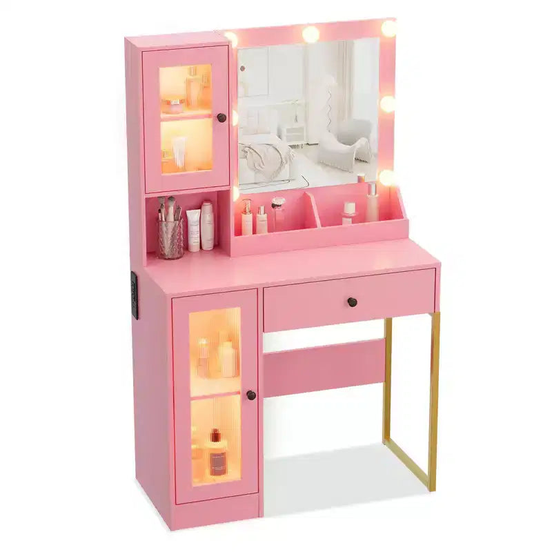 Vanity Desk with Mirror, 3 Lighting Modes Lights, Built-in Outlets & USB Ports, Spacious Drawers & Storage Cabinet, Makeup Dressing Table for Bedroom