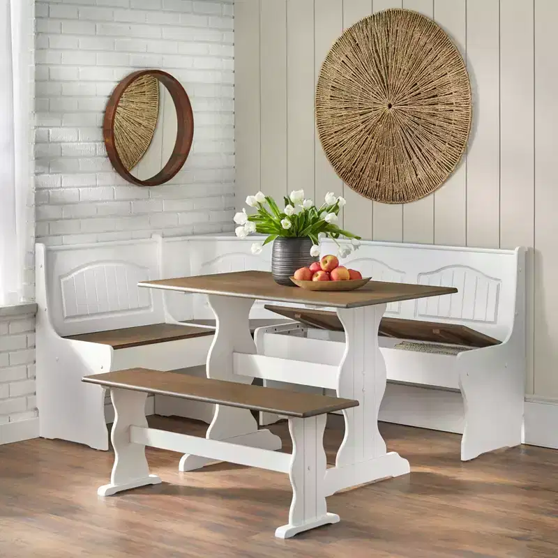 Buylateral 3pc Washington Farmhouse Solid Wood Breakfast Nook Dining Set White/Dark Walnut: L-Shaped, Solid Pine, Storage Bench