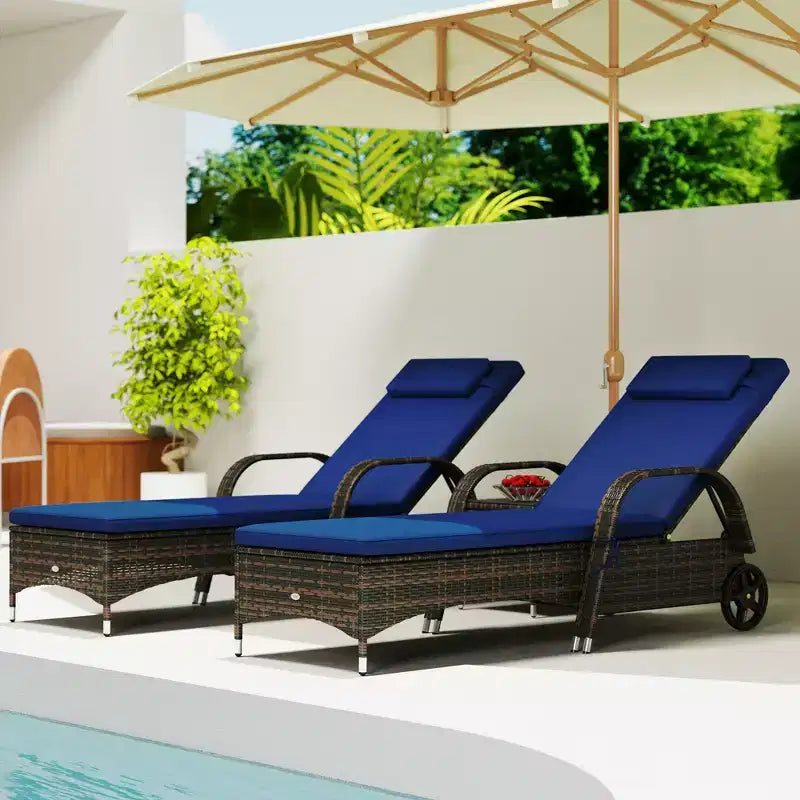 Patio Wicker Chaise Lounge Chair Set of 2 with Table, Adjustable Backrest, Wheels, Cushion & Headrest