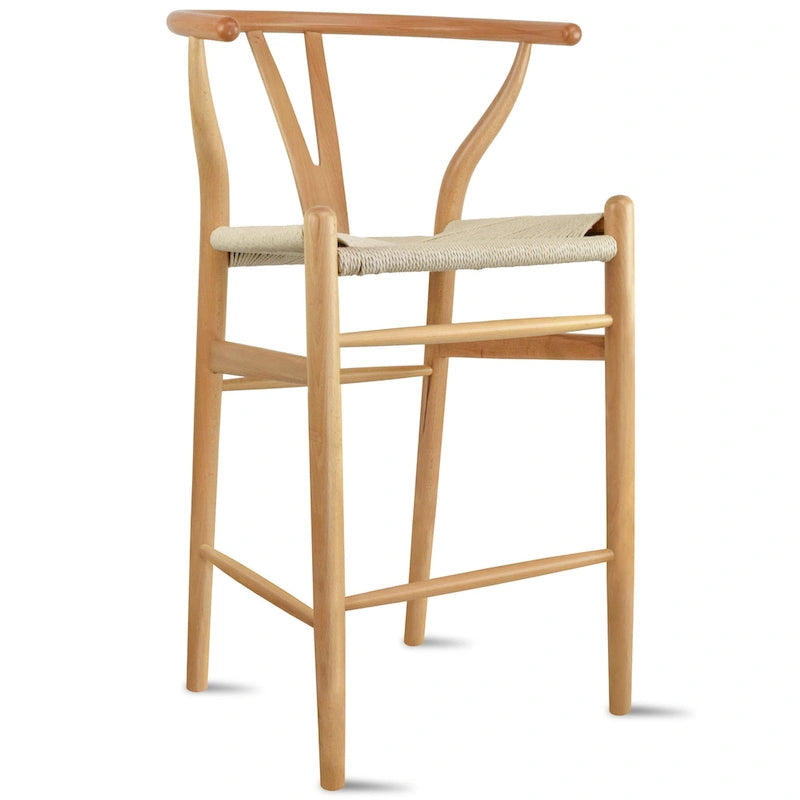 Solid Wood Countertop Height Barstool with Open Y Back, Farmhouse Woven Seat