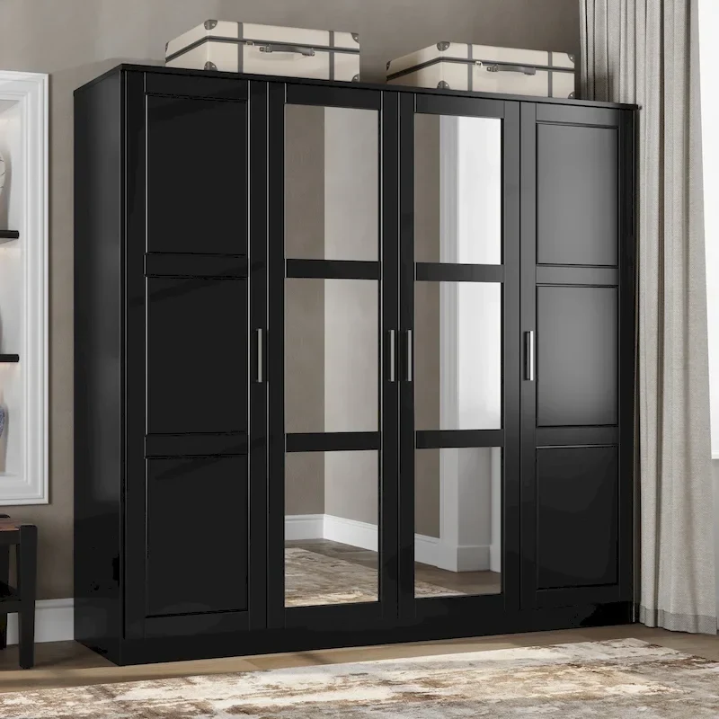 100% Solid Wood  4-Door Wardrobe with Solid Wood or Mirrored Doors