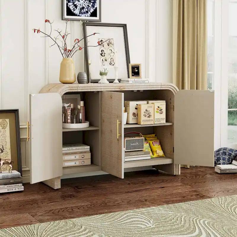 Natural Wood Wash / Antique Black Curved 3-Door Sideboard with Adjustable Shelves for 1–2 Person