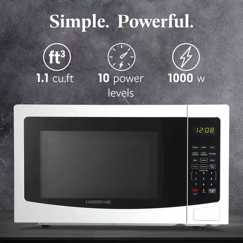 Farberware 1.1 Cu. Ft. Countertop Microwave Oven  1000W Power, Auto Cook Settings, Defrost, and Safety Lock