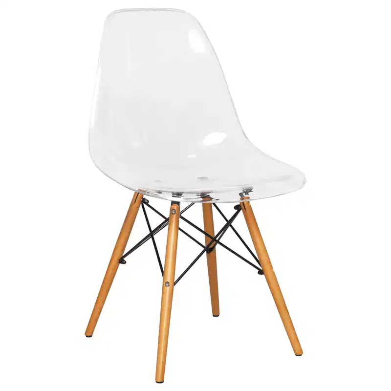 LeisureMod Dover 3-Piece Dining Set  31 Round Clear Glass Bistro Table with 2 Acrylic Chairs with Wooden Dowel Legs, Modern Kitchen, Dining Room