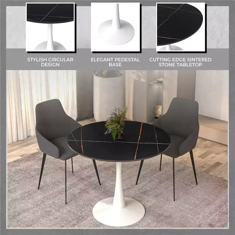 LeisureMod Bristol 31 Round Dining Table  Sintered Stone Top Accent Caf Table & Sturdy Steel White Pedestal Base for Kitchen and Small Spaces