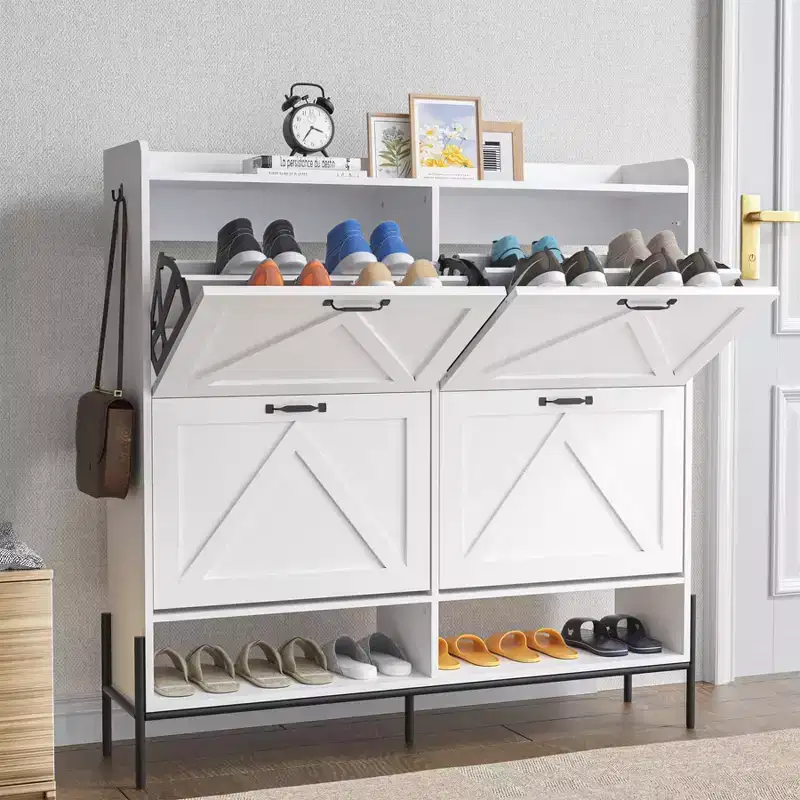 Shoe Cabinet with 4 Flip-Up Drawers Hidden Shoe Storage Cabinet with Open Storage for Entryway Hallway Bedroom Shoe Organizer Cabinet