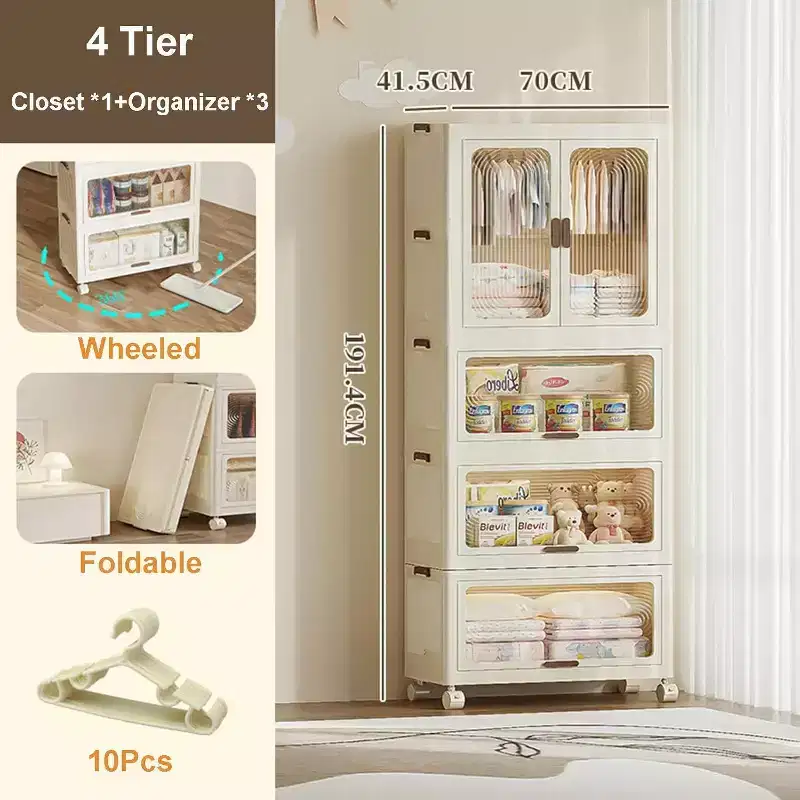 Storage cabinet with Lid, Large Plastic Organiser Boxes, Foldable Wardrobe with Wheels, Stackable Storage Boxes with Door