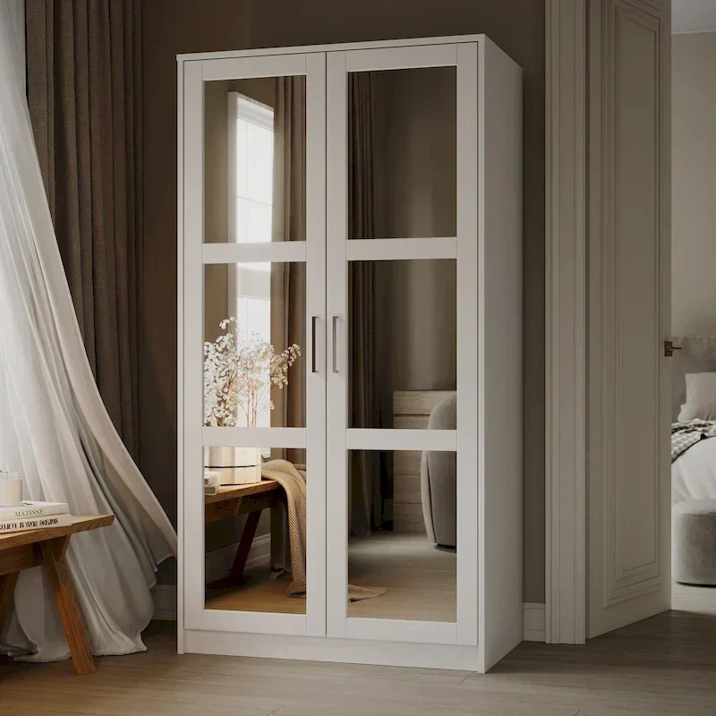 100% Solid Wood 2-Door Urban Wardrobe Armoire with Solid and Mirrored Doors