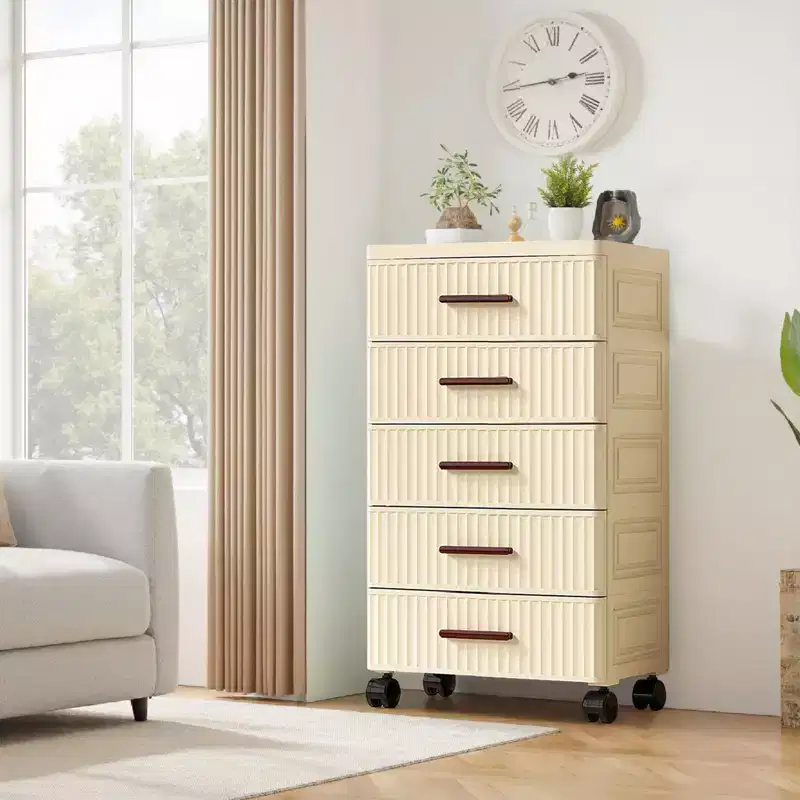 5-Tier Multifunctional Storage Cabinet in Cream - Mobile Organizer for Bedroom & Living Room with Drawers for Toys, Books, Clothes&Snacks