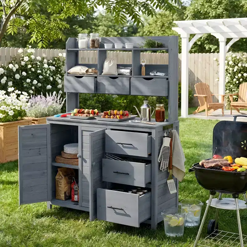 Farmhouse Potting Bench for Gardening, 65 Freestanding Garden Workstation with 6 Drawers, Cabinet, and Side Hook-Panipeachy