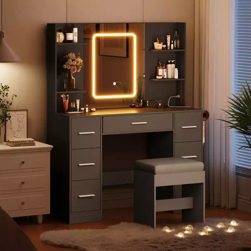 Makeup Vanity with Mirror and Chair, Hair Dryer Rack, 7 Drawers, 3 Lighting Modes Adjustable