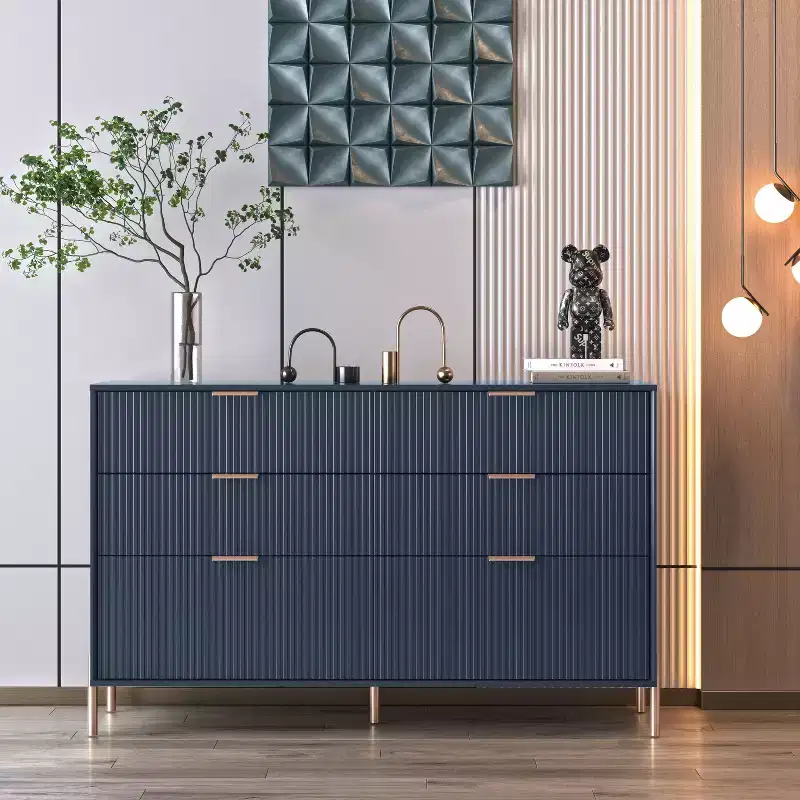 6 Drawer Dresser with Gold Legs Modern Ribbed Design for Bedroom