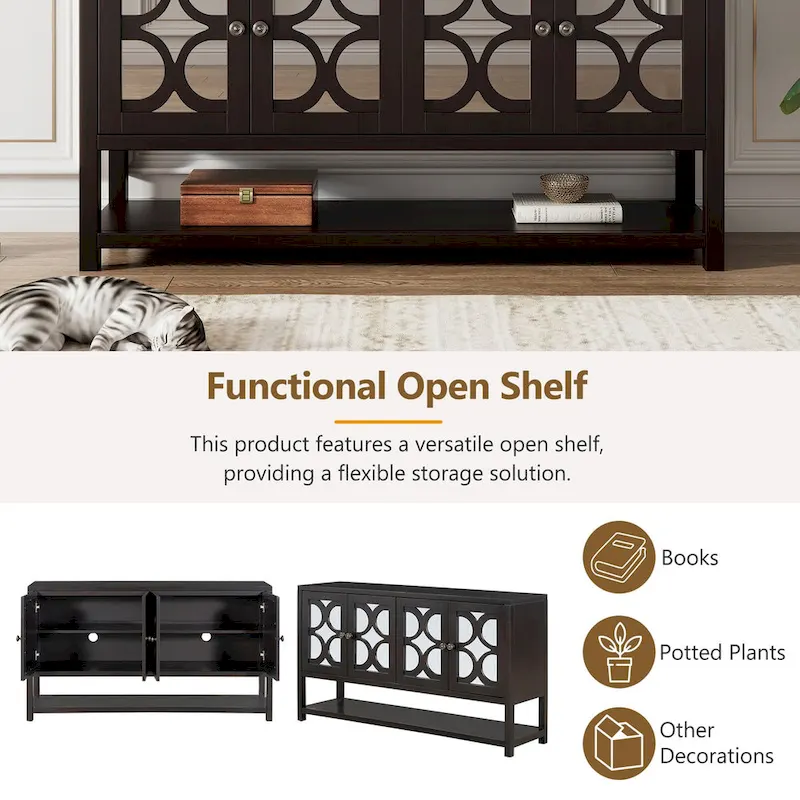 Elegant Retro Console Table,Storage Cabinet,Sideboard with Mirrored Doors, Spacious Shelves, and Durable Acacia Wood Legs