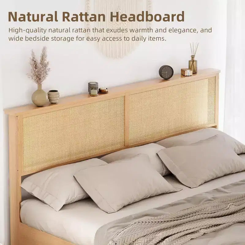 Natural Rattan Platform Bed Frame with Storage Bench and LED Lighting