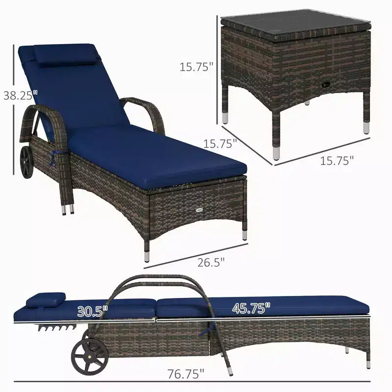 Patio Wicker Chaise Lounge Chair Set of 2 with Table, Adjustable Backrest, Wheels, Cushion & Headrest