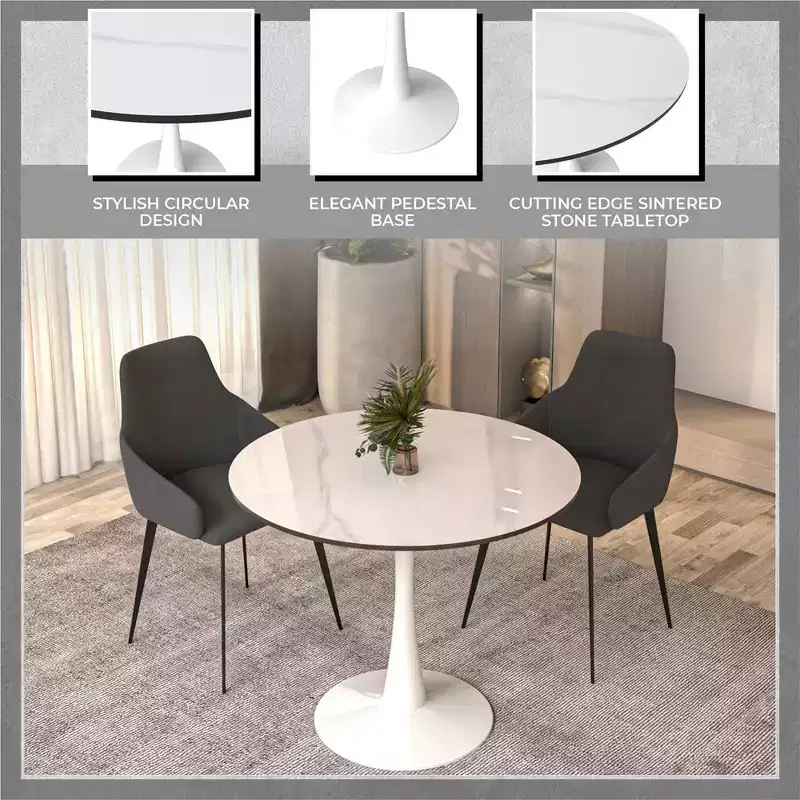 LeisureMod Bristol 31 Round Dining Table  Sintered Stone Top Accent Caf Table & Sturdy Steel White Pedestal Base for Kitchen and Small Spaces