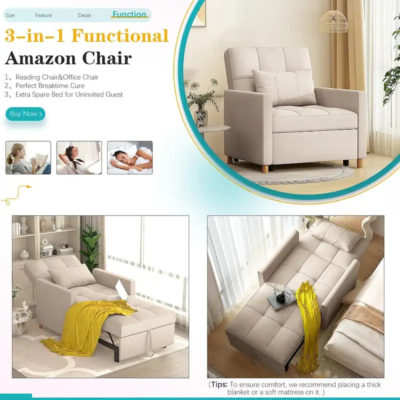AECOJOY 3 in 1 Sleeper Sofa Chair w/ Pillow &Convertible Backrest