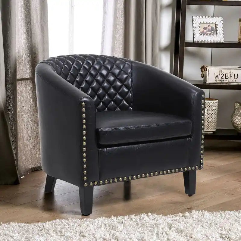 Barrel Accent Chair – Black / Brown / White, PU Leather, Nailhead Trim, Solid Wood Legs, Seats 1