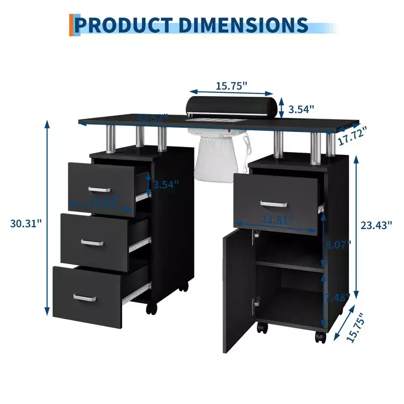 Manicure Table Nail Desk for Nail Tech, Nail Table Station with Dust Collector, Beauty Salon Workstation with Locking Castors & Wrist Cushion