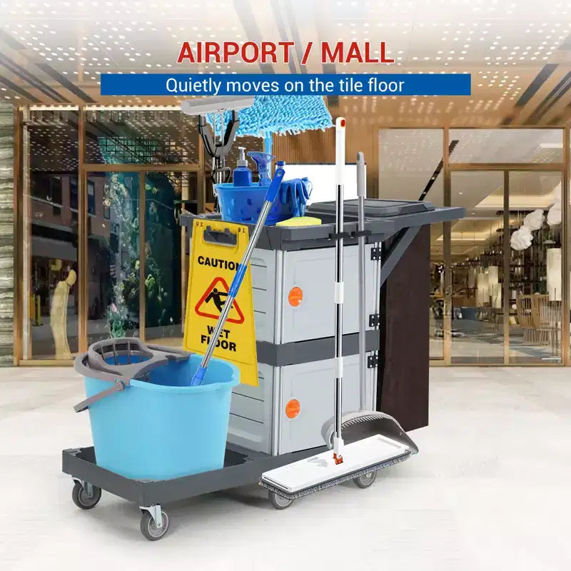Commercial Janitorial Cart, 3-Shelf Housekeeping Cart with Storage Cabinets and Laundry Bag