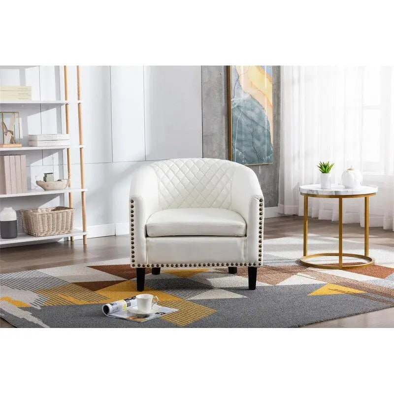 Barrel Accent Chair – Black / Brown / White, PU Leather, Nailhead Trim, Solid Wood Legs, Seats 1
