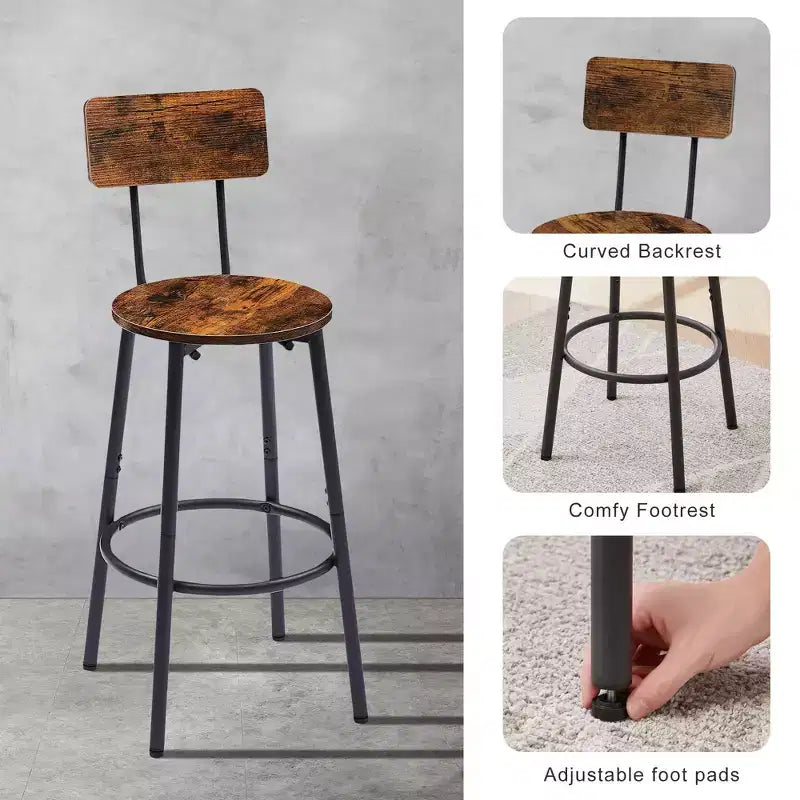 Round Bar Stool Set with Shelves, Rustic Backrest Stools for Home Bar and Kitchen