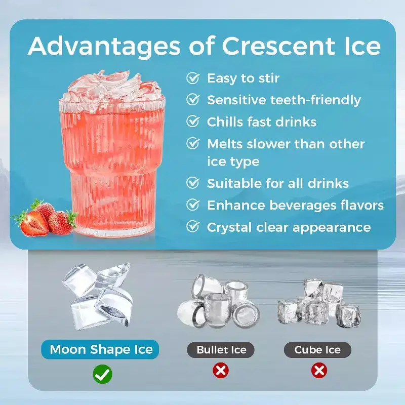 Commercial Ice Maker, 100Lbs/24H, 30Lbs Storage Bin, Stainless Steel, Freestanding, Crescent Cubes, Energy Efficient, Automatic Cleaning