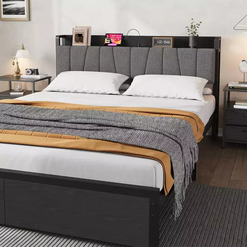 Whizmax Full Size Bed Frame with Upholstered Headboard, Industrial Full Platform Bed with 2 Storage Drawers and Charging Station, No Box Spring Needed