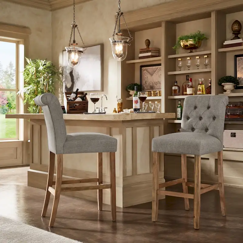 Premium Tufted Roll-Back Kitchen Island / Bar Stools (Set of 2)