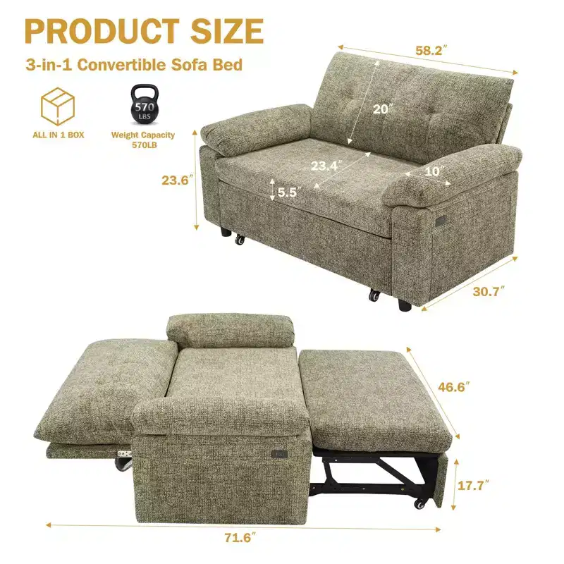 Dyonery 3-in-1 Convertible Sofa Bed, Pull Out Sleeper Sofa with Adjustable Backrest